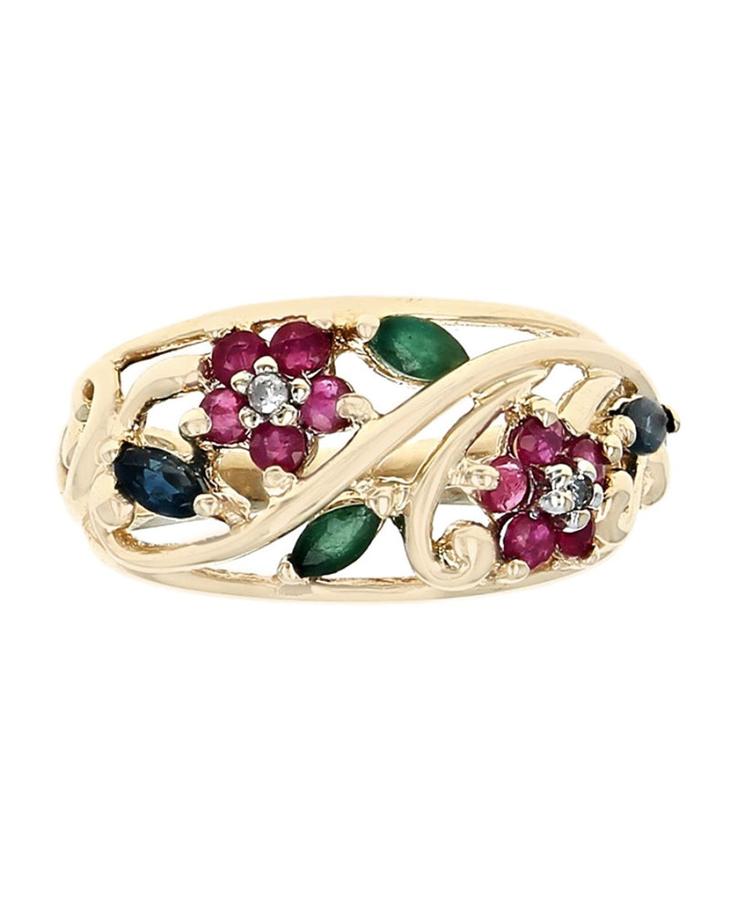 Multi-Gem Open Cut Floral Motif Ring in Yellow Gold