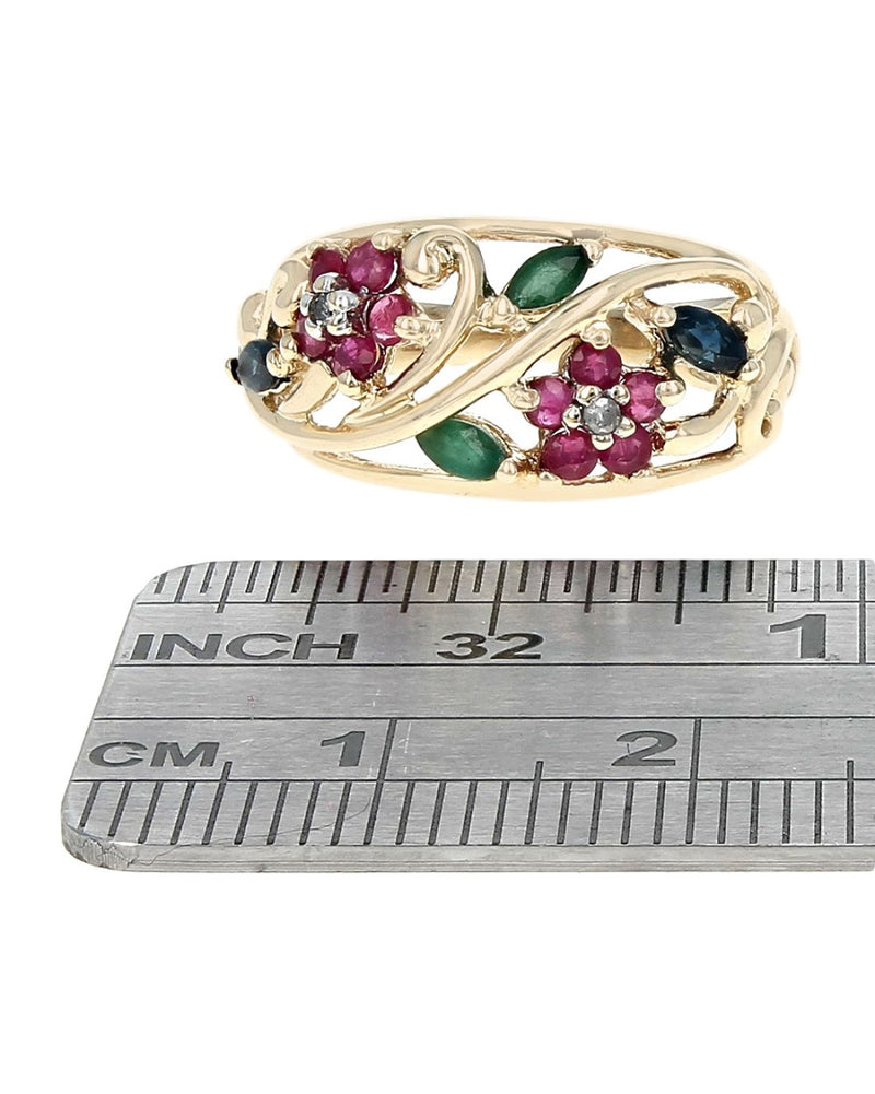 Multi-Gem Open Cut Floral Motif Ring in Yellow Gold