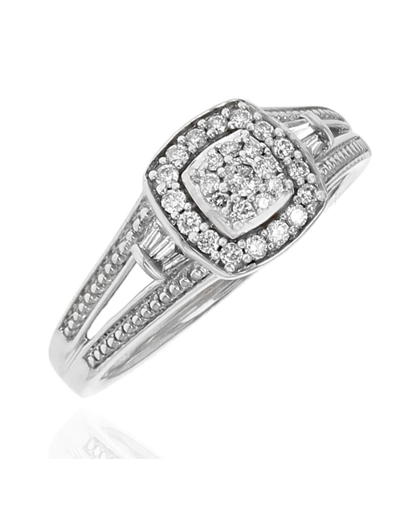 Diamond Halo Milgrain Split Shank Ring in White Gold