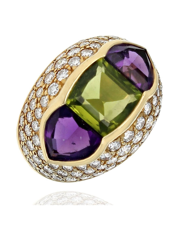 Peridot, Amethyst and Diamond Pave Dome Ring