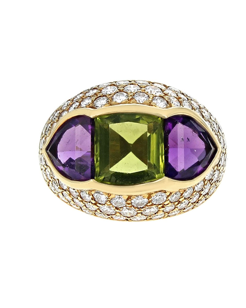 Peridot, Amethyst and Diamond Pave Dome Ring