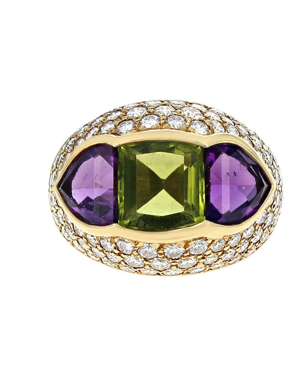 Peridot, Amethyst and Diamond Pave Dome Ring