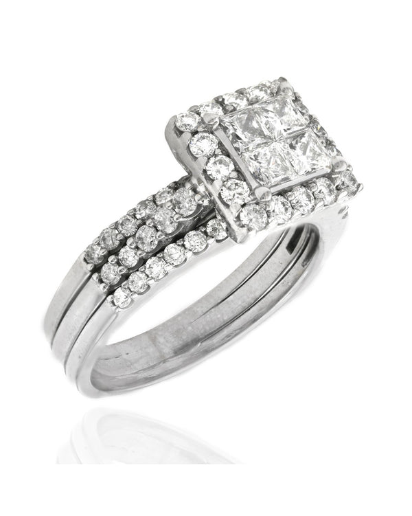 3 Row Diamond Square Halo Wedding Ring in White Gold