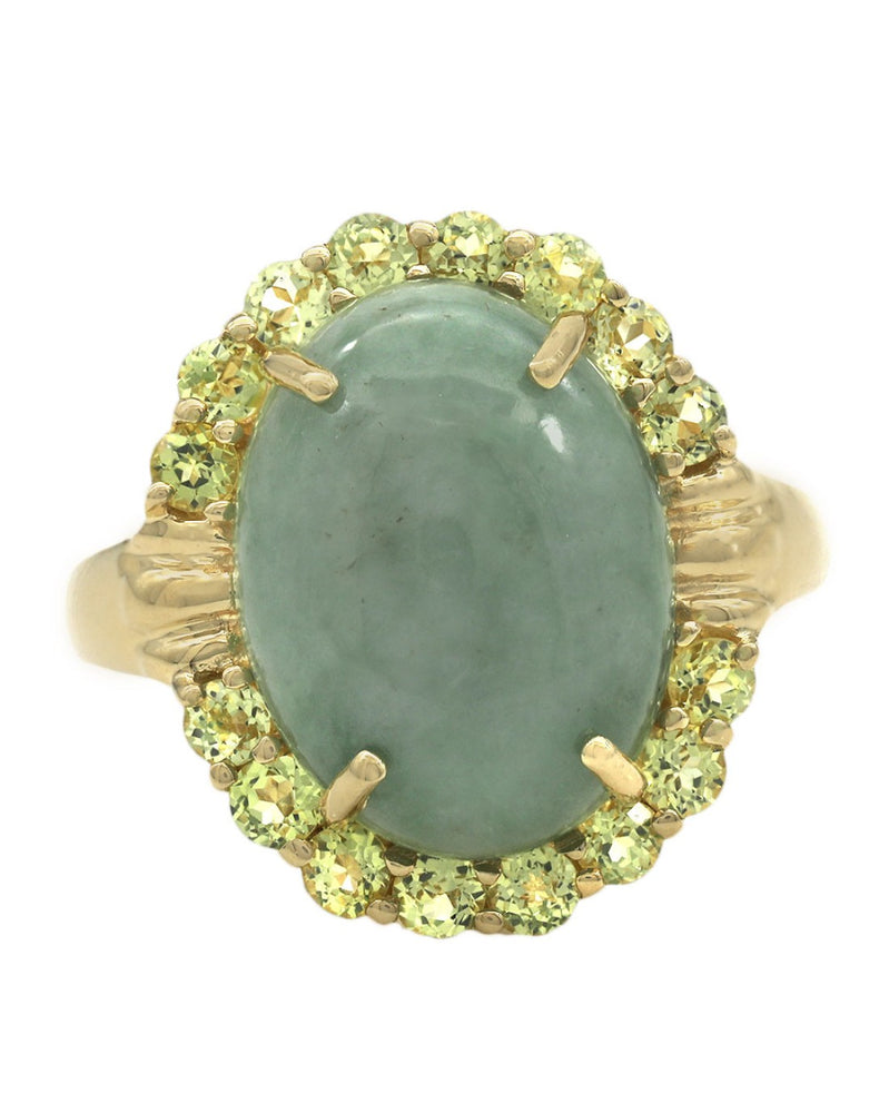 Oval Jade Cabochon and Chrysoberyl Halo Ring
