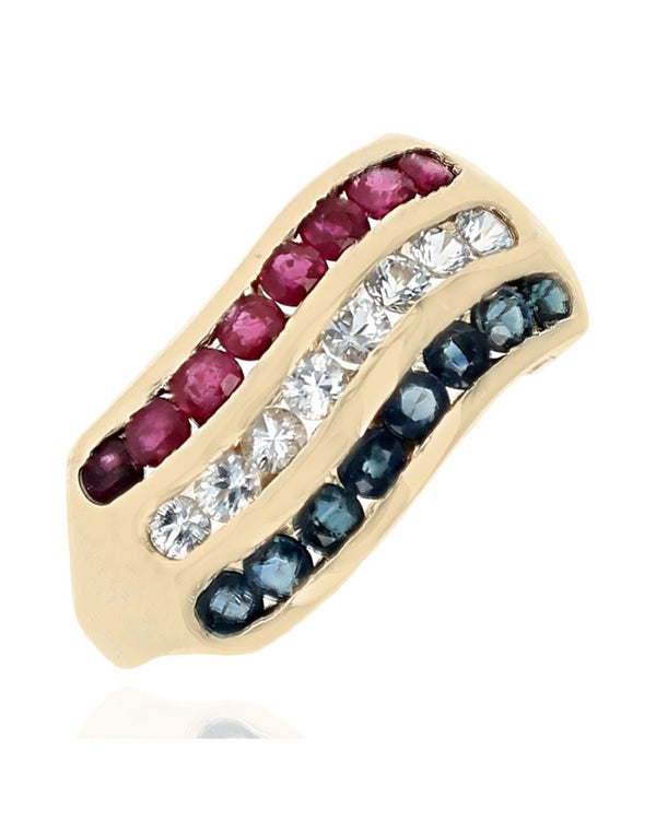 Ruby and Sapphire Wave Ring in Yellow Gold