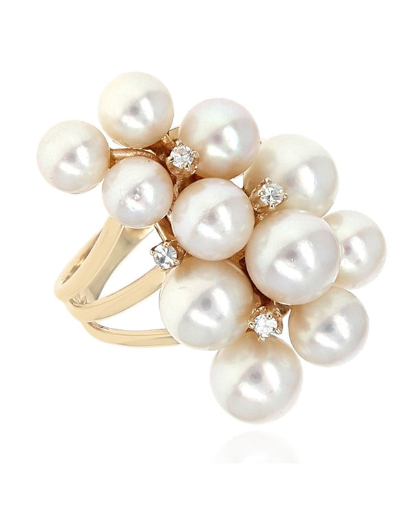 Pearl and Diamond Cluster Ring in Yellow Gold