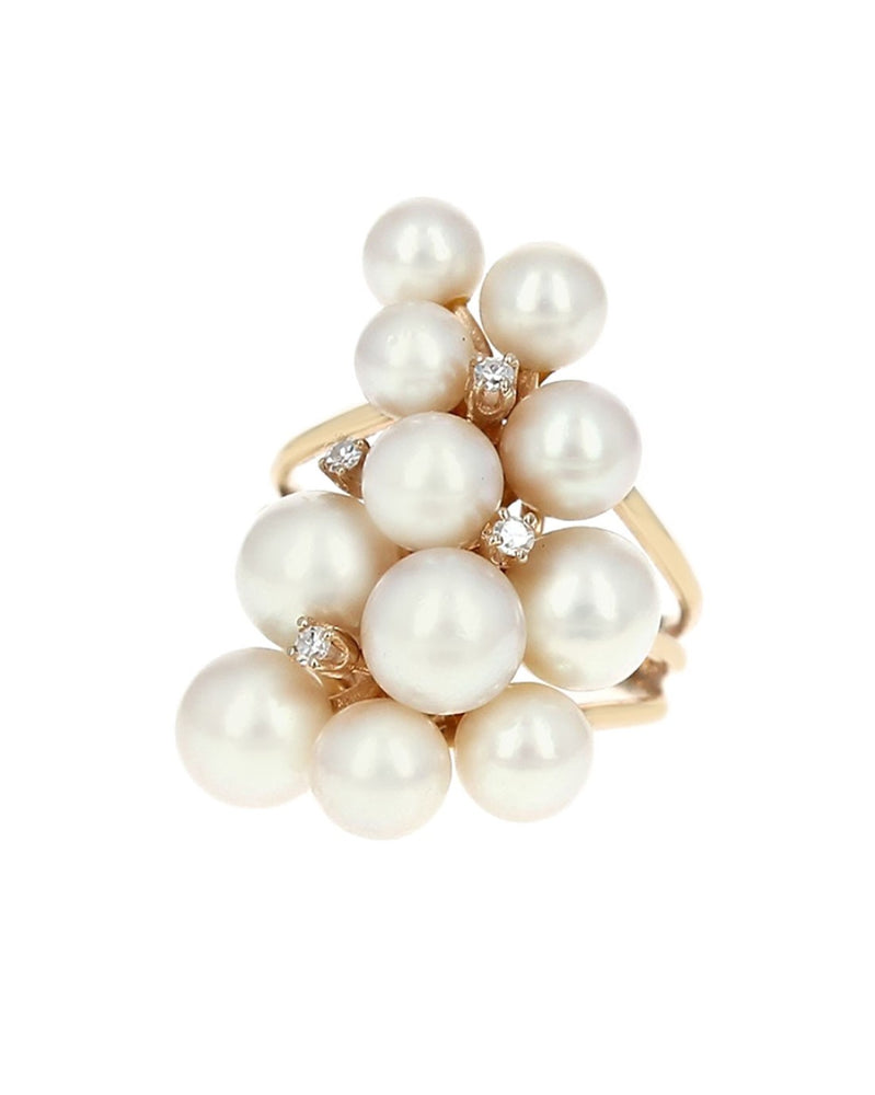 Pearl and Diamond Cluster Ring in Yellow Gold