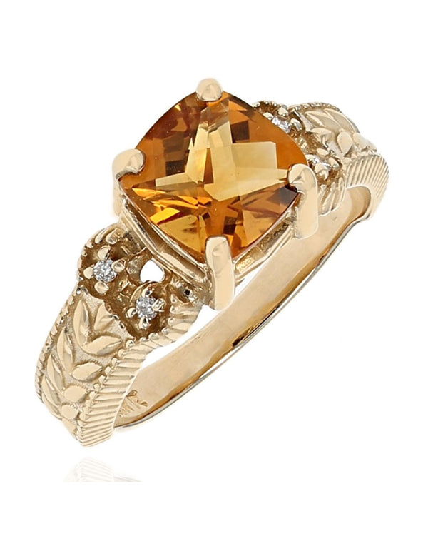 Checkerboard Cushion Citrine and Diamond Accent Ring