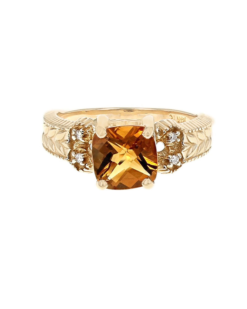 Checkerboard Cushion Citrine and Diamond Accent Ring