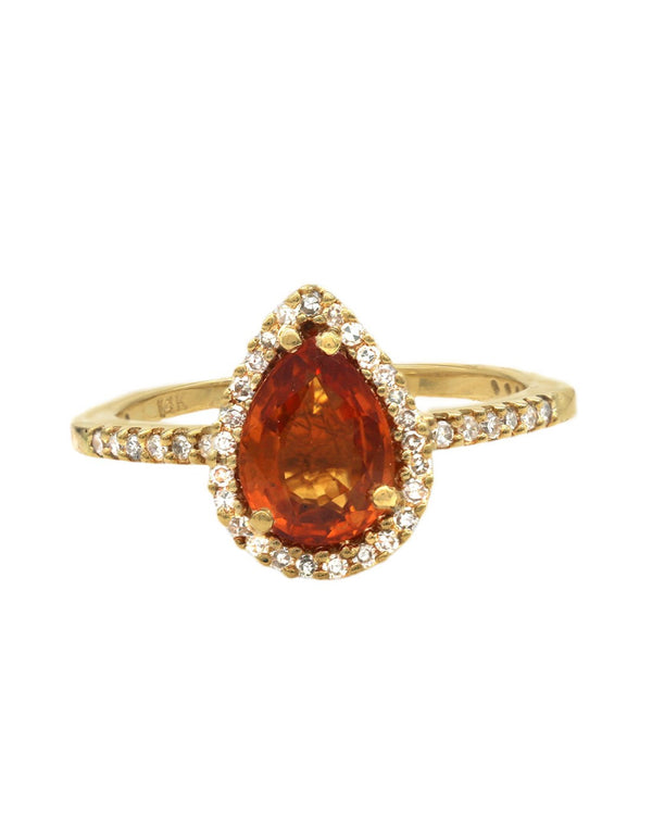 Orange Pear Cut Garnet Diamond Halo Ring in Yellow Gold