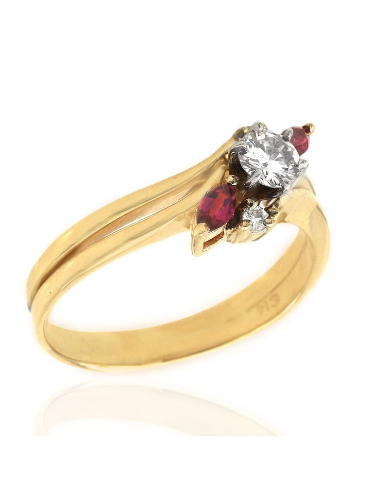 Diamond and Ruby Split Shank Bypass Ring in Yellow Gold