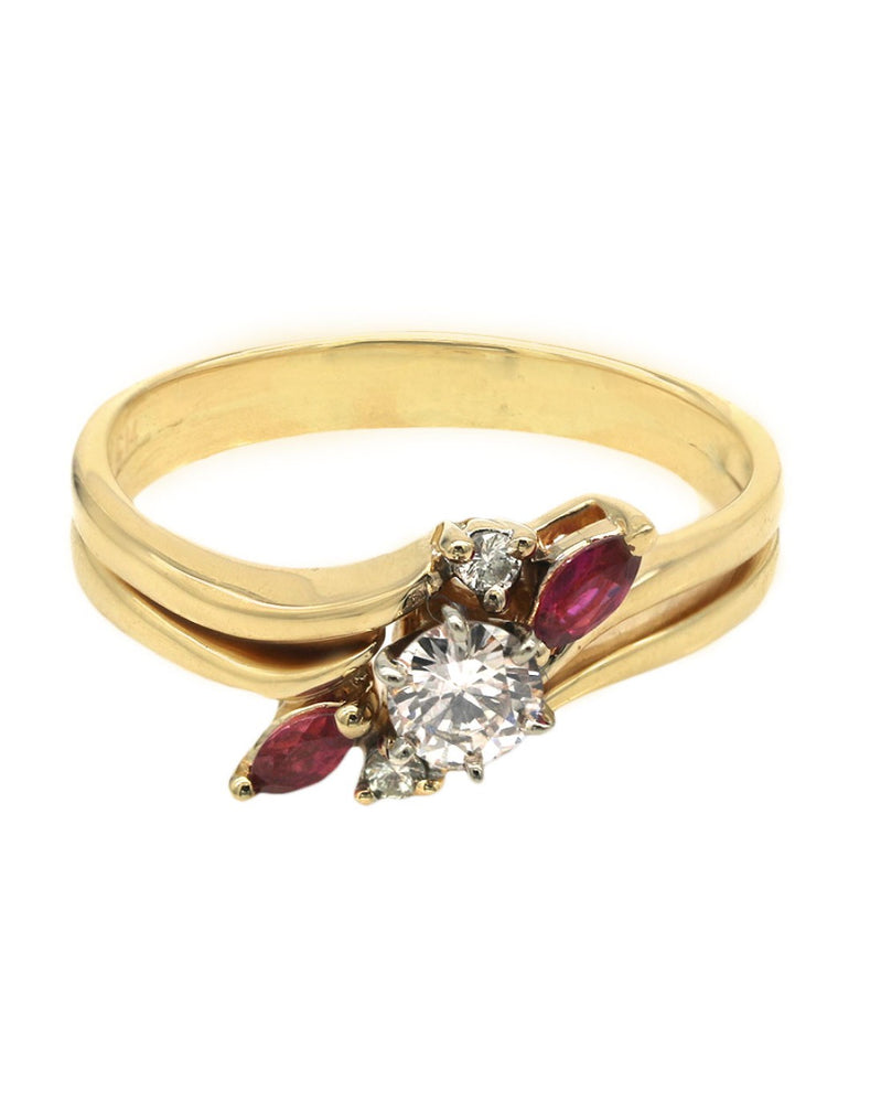 Diamond and Ruby Split Shank Bypass Ring in Yellow Gold