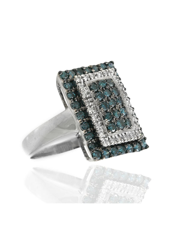 Irradiated Blue and White Diamond Double Halo Ring in White Gold