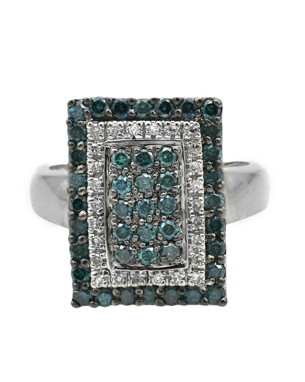 Irradiated Blue and White Diamond Double Halo Ring in White Gold