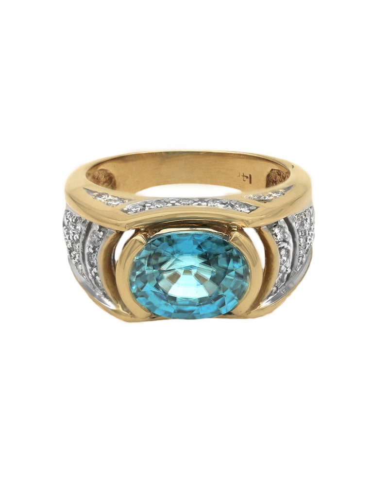 Blue Zircon and Diamond Pave Ring