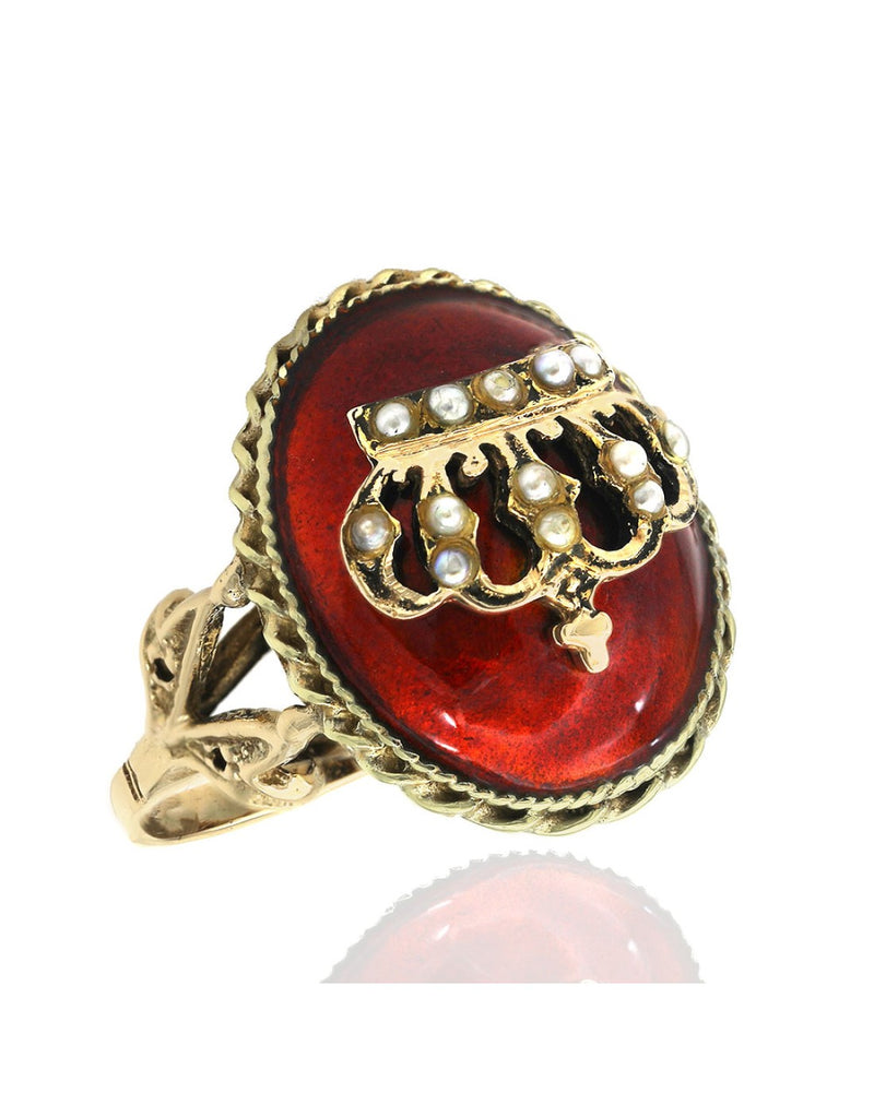 Red Enamel and Seed Pearl Coronet Ring