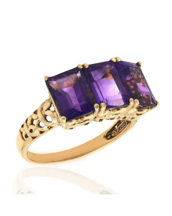 3 Stone Amethyst Ring in Yellow Gold