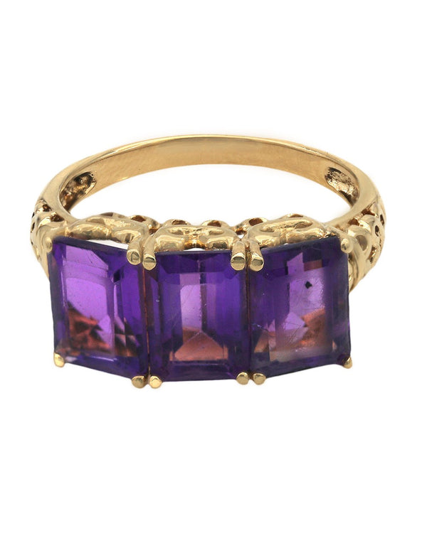 3 Stone Amethyst Ring in Yellow Gold