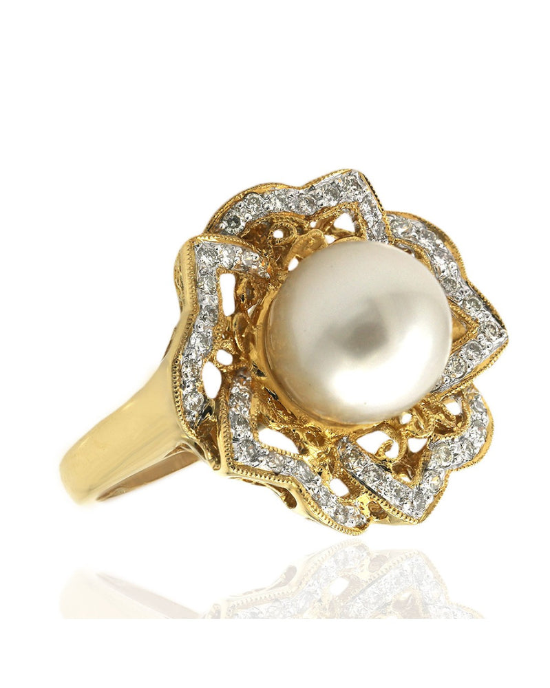 South Sea Pearl and Diamond Open Scroll Ring