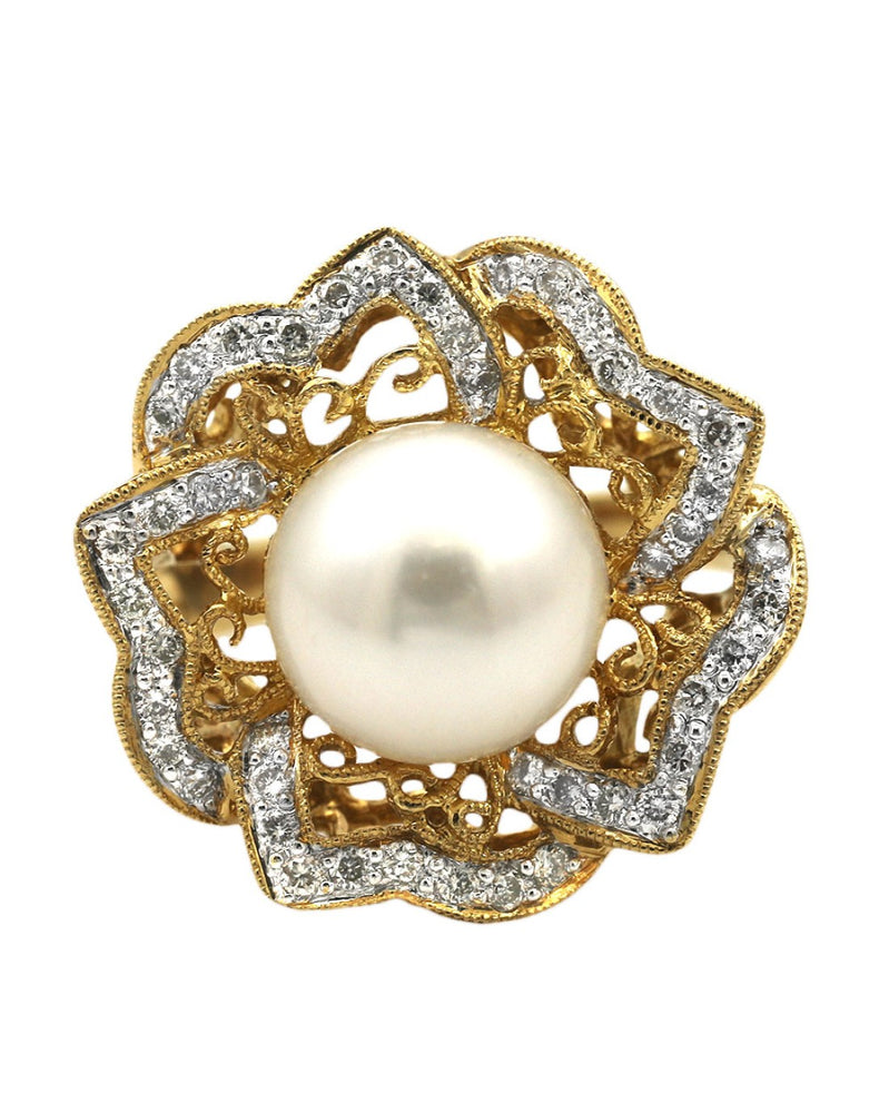 South Sea Pearl and Diamond Open Scroll Ring