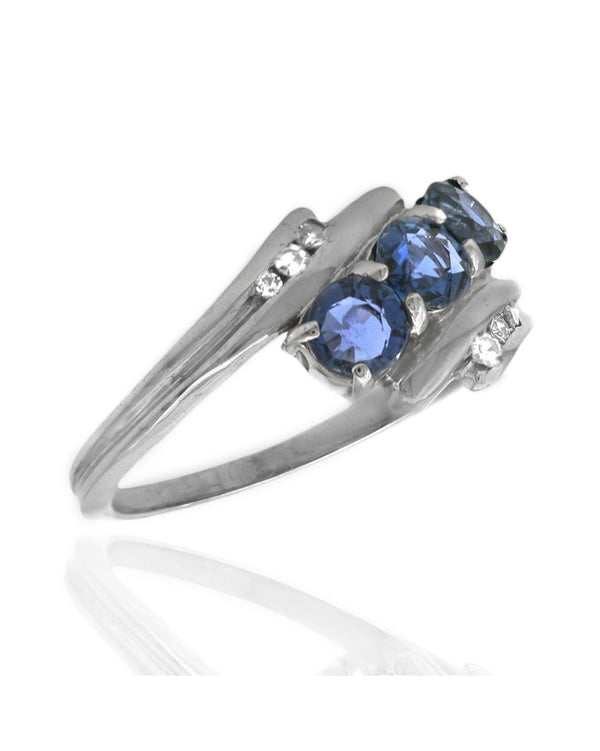 Blue Sapphire and Diamond Bypass Ring in White Gold