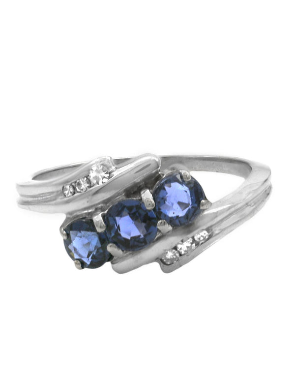 Blue Sapphire and Diamond Bypass Ring in White Gold