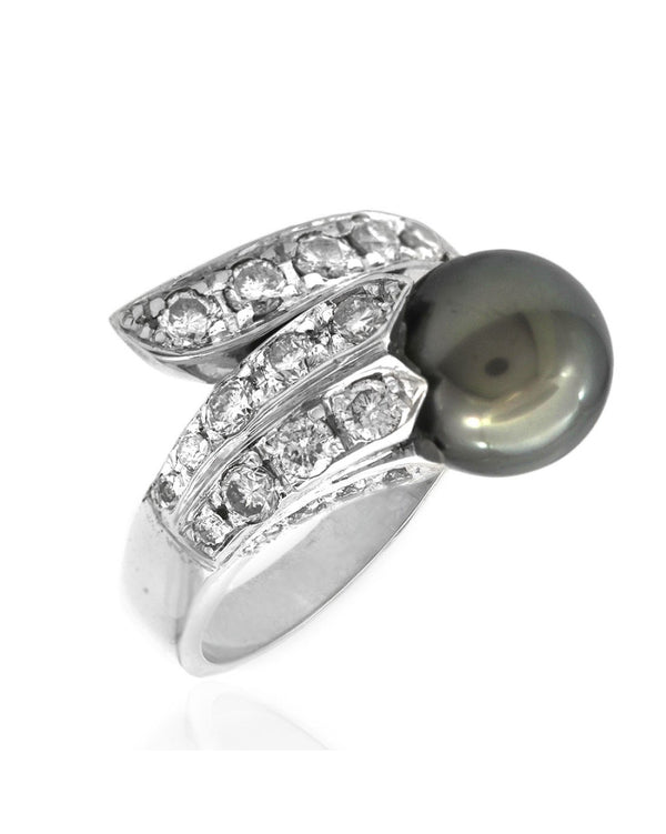 Black Tahitian Pearl and Diamond Bypass Ring in White Gold