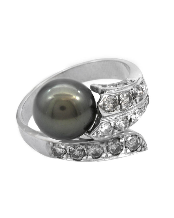 Black Tahitian Pearl and Diamond Bypass Ring in White Gold