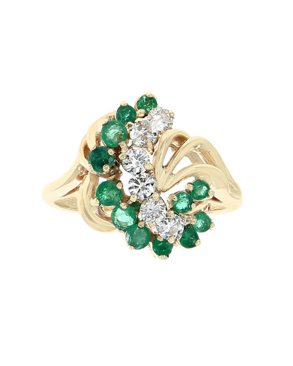 Emerald and Diamond Swirl Ring in Gold