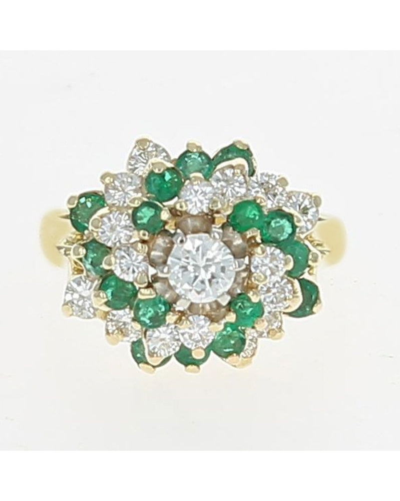 Diamond and Emerald Pinwheel Dome Ring in Yellow Gold