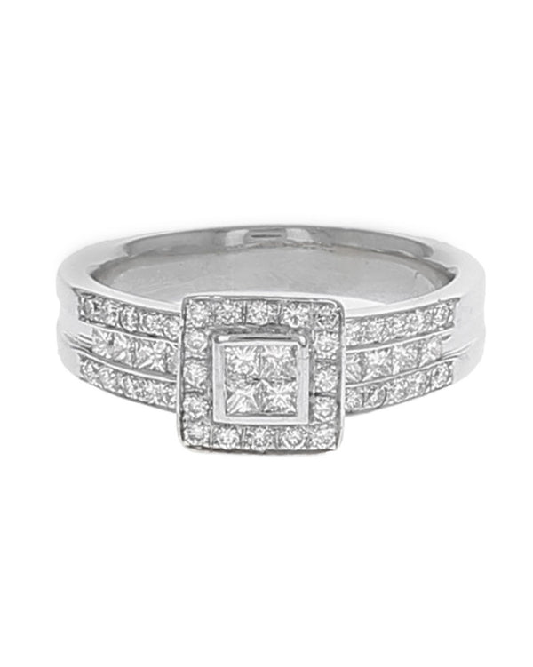 3 Row Diamond Square Halo Engagement Ring in White Gold