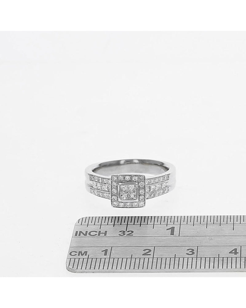 3 Row Diamond Square Halo Engagement Ring in White Gold