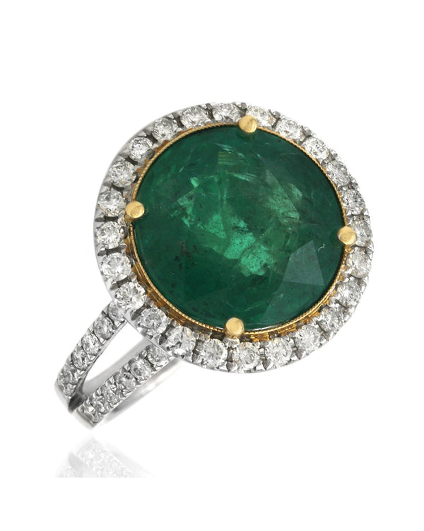 Round Emerald and Diamond Halo Ring