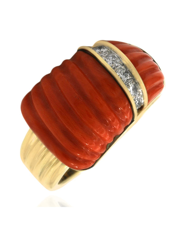 Red Coral and Diamond Accent Ring in Yellow Gold