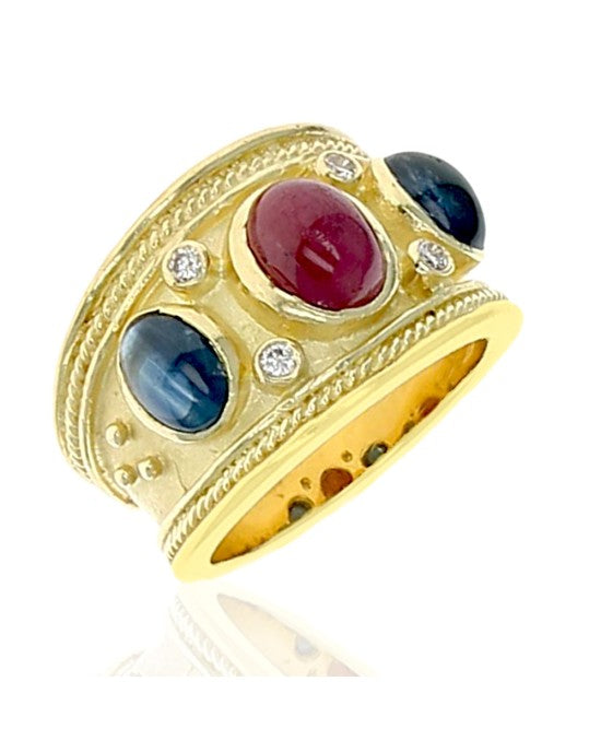 Ruby and Sapphire Cabochon Diamond Accent Band