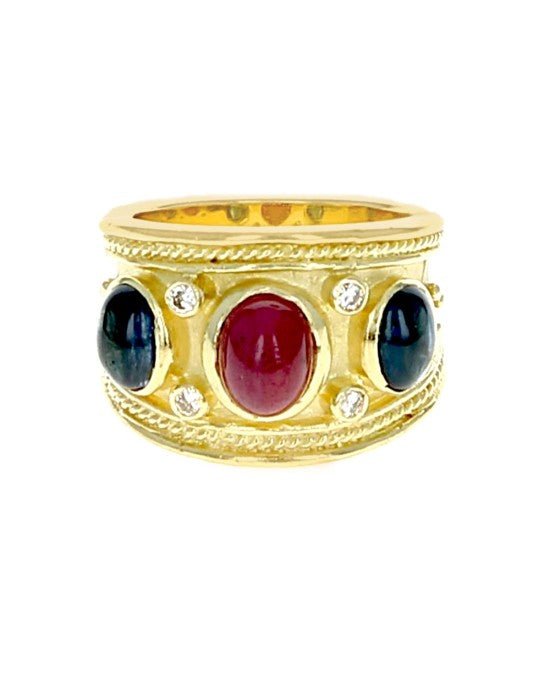 Ruby and Sapphire Cabochon Diamond Accent Band