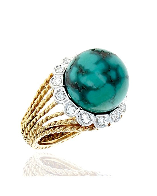 Turquoise Ball and Diamond Accent Rope Motif Ring