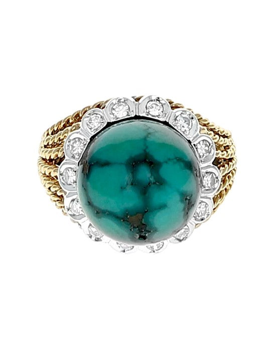 Turquoise Ball and Diamond Accent Rope Motif Ring