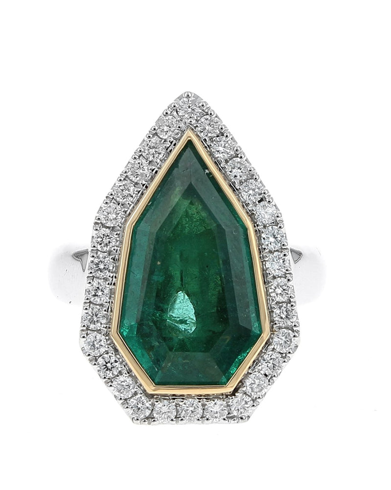 GIA Certified Emerald and Diamond Halo Ring in White and Yellow Gold