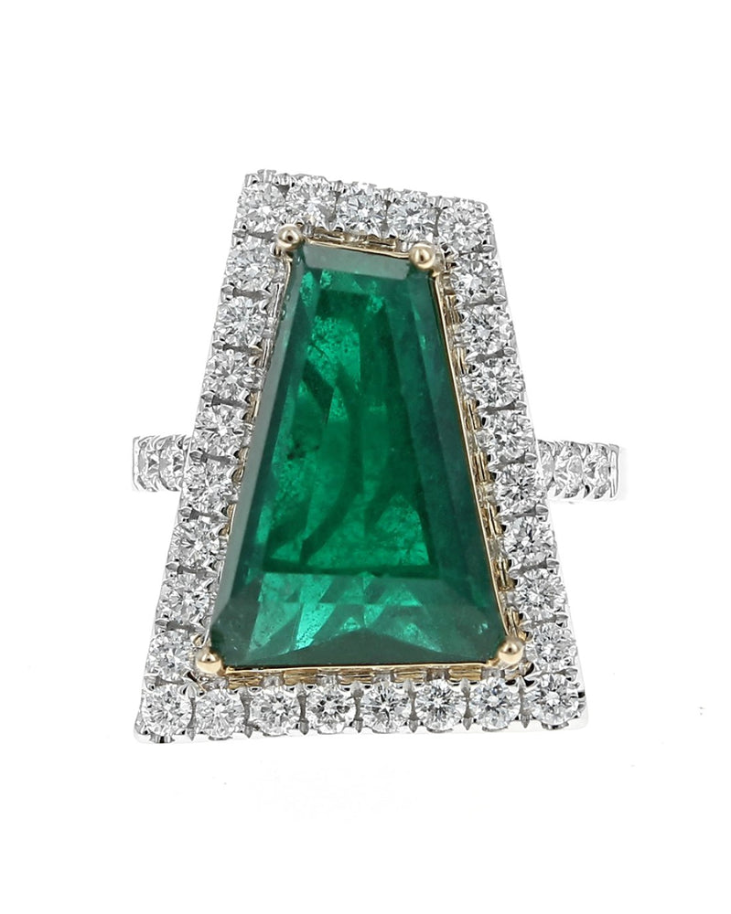 GIA Certified Emerald and Diamond Halo Ring in White and Yellow Gold