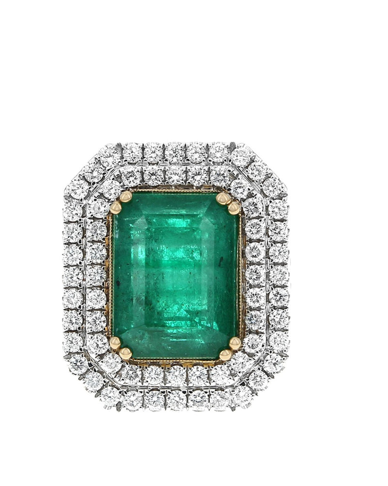 Emerald and Diamond Double Halo Ring in White and Yellow Gold