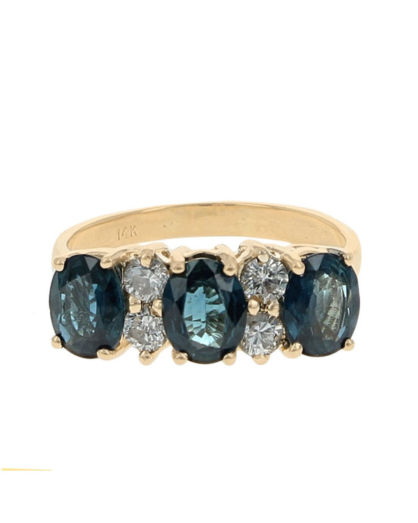 Alternating Dark Blue Sapphire and Diamond Ring in Yellow Gold