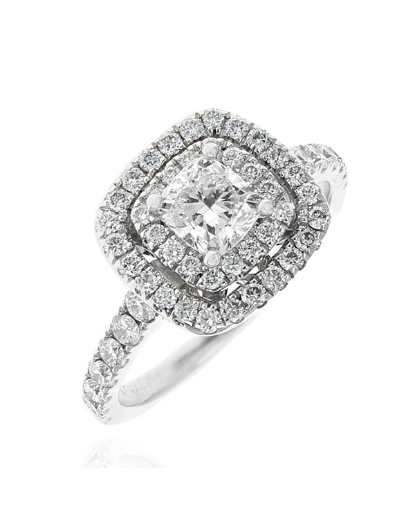 Cushion Cut and Round Diamond Double Halo Engagement Ring