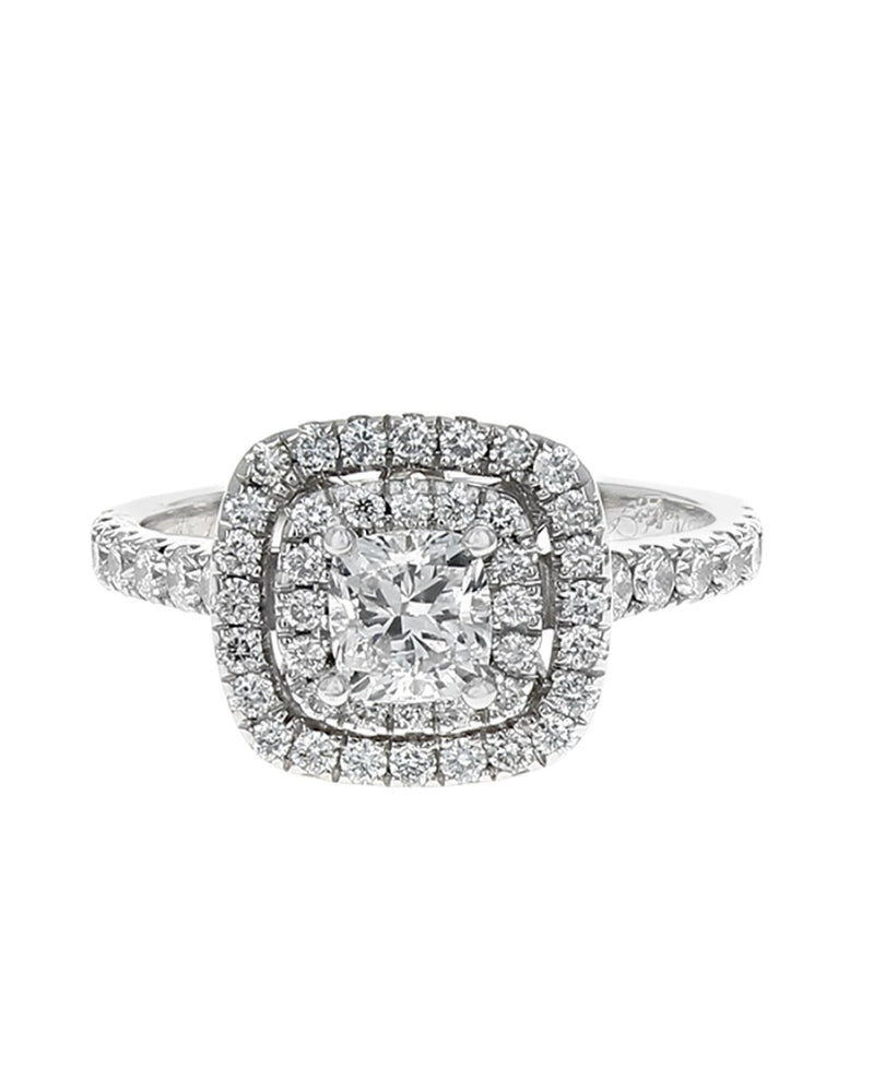 Cushion Cut and Round Diamond Double Halo Engagement Ring