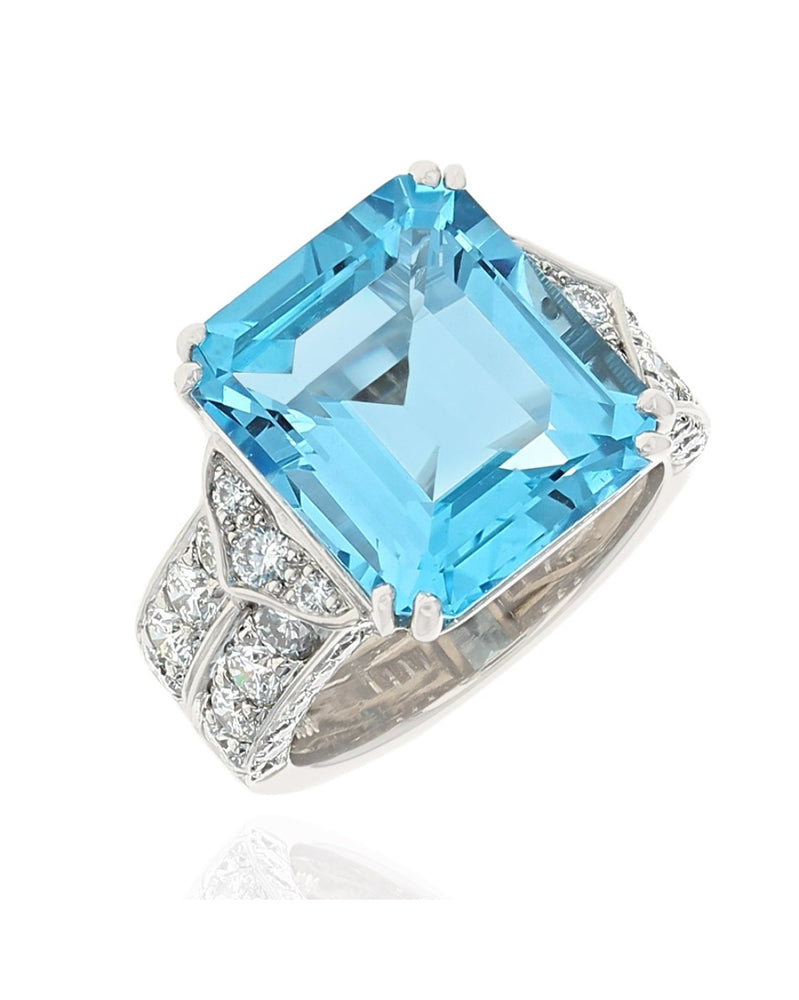 Swiss Blue Topaz 2 Row Diamond Shank Fashion Ring