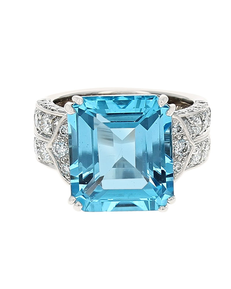 Swiss Blue Topaz 2 Row Diamond Shank Fashion Ring