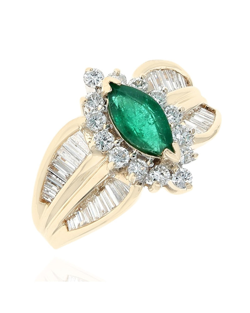 Emerald and Diamond Halo Ring in White and Yellow Gold