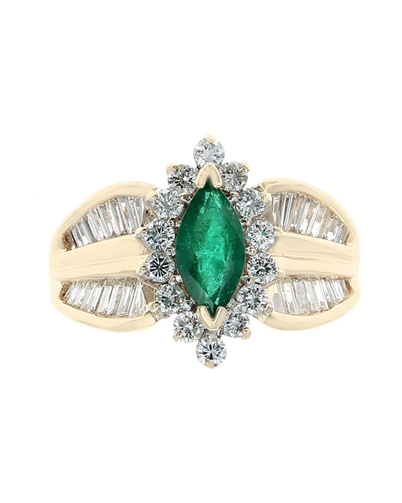 Emerald and Diamond Halo Ring in White and Yellow Gold