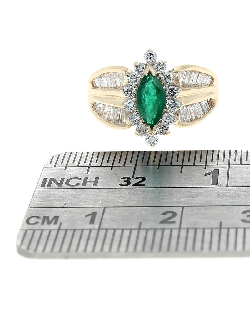 Emerald and Diamond Halo Ring in White and Yellow Gold