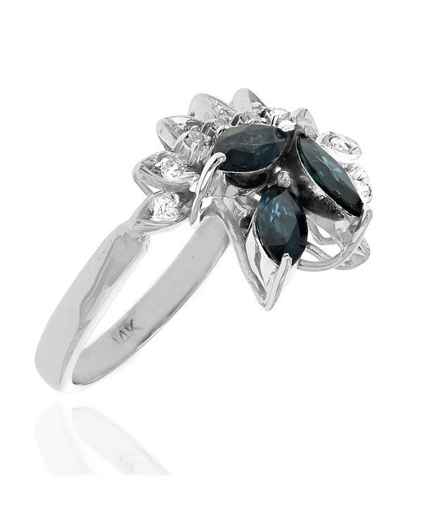 Blue Sapphire and Diamond Foliate Motif Ring in White Gold